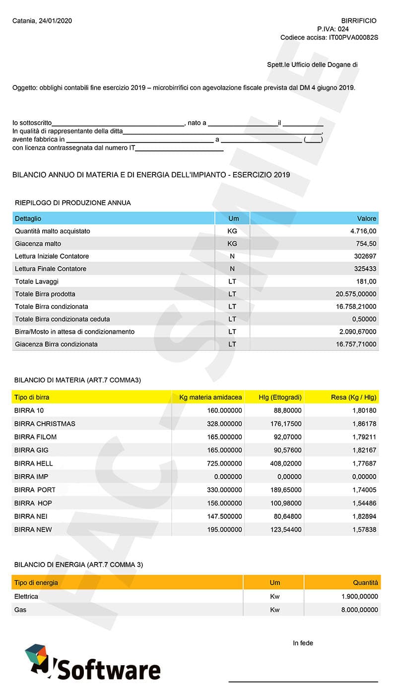 J-software fac simile riepilogo di produzione annua birra